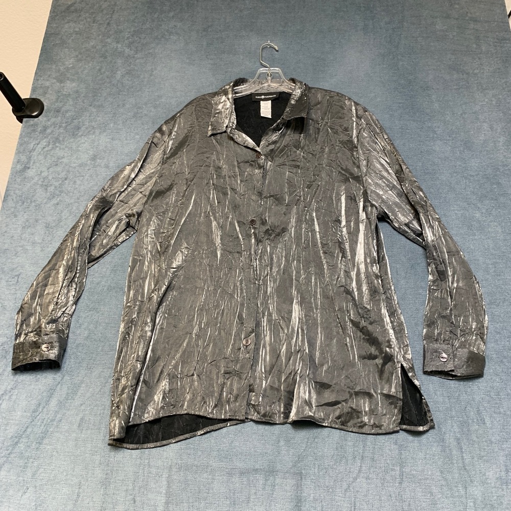 Sag Harbor Wrinkled Shirt Womens 18 Silver Collared Casual Button Up Long Sleeve
